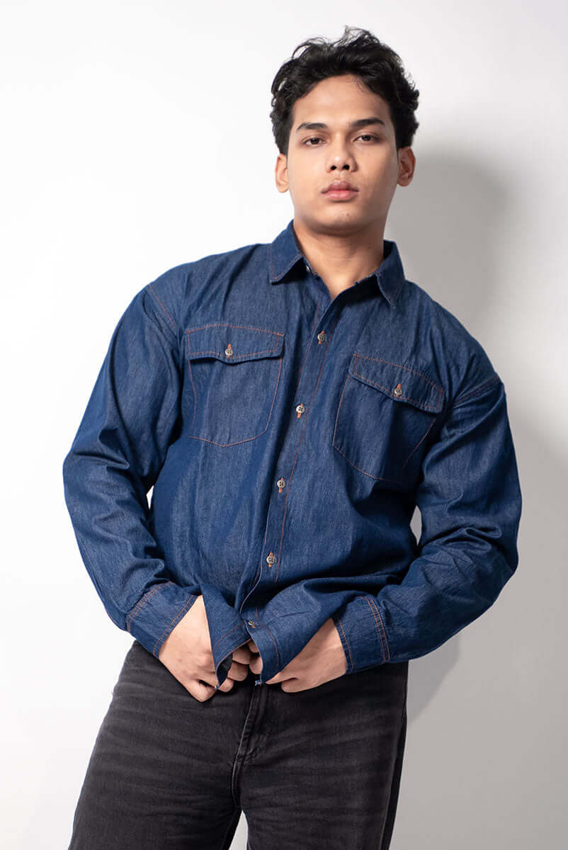 Classic front view of blue denim shirt in premium cotton