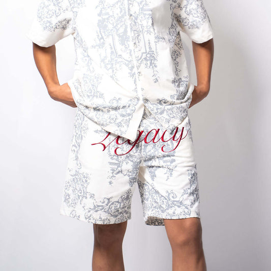 Legacy Printed Shorts front view in cotton terry with embroidered calligraphy