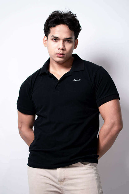 Black cotton polo t-shirt with Hault embroidery