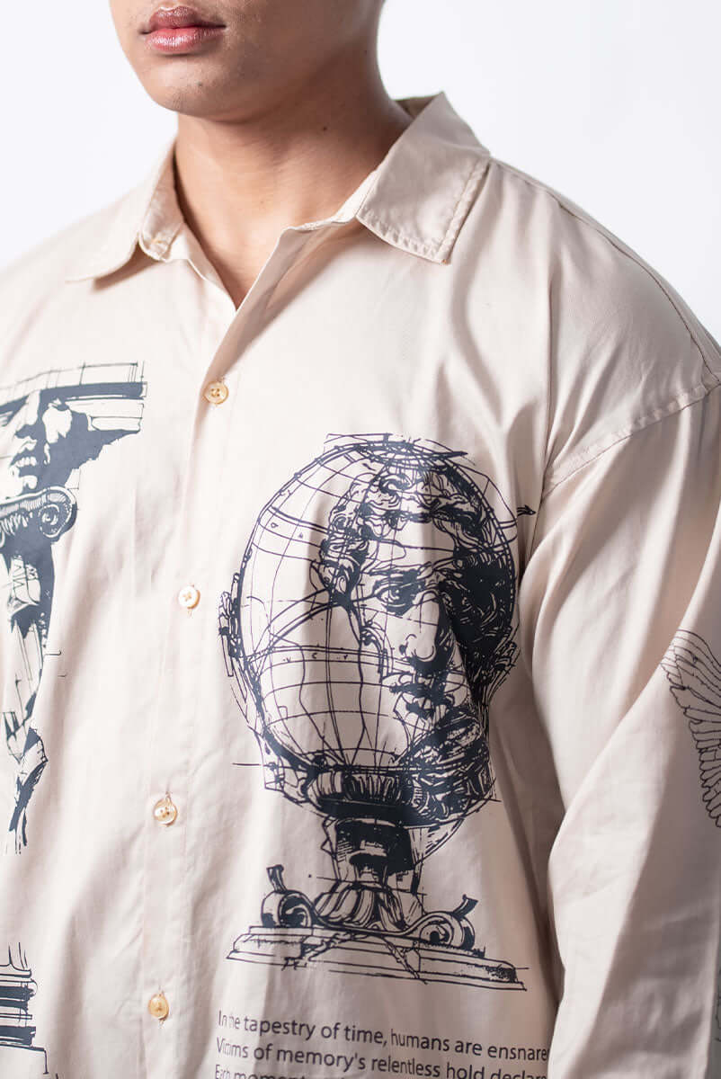Detailed front design of coffee-washed Legacy shirt in cotton twill