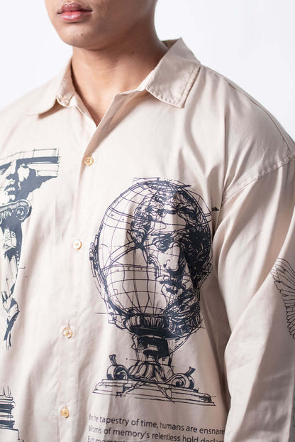 Detailed front design of coffee-washed Legacy shirt in cotton twill