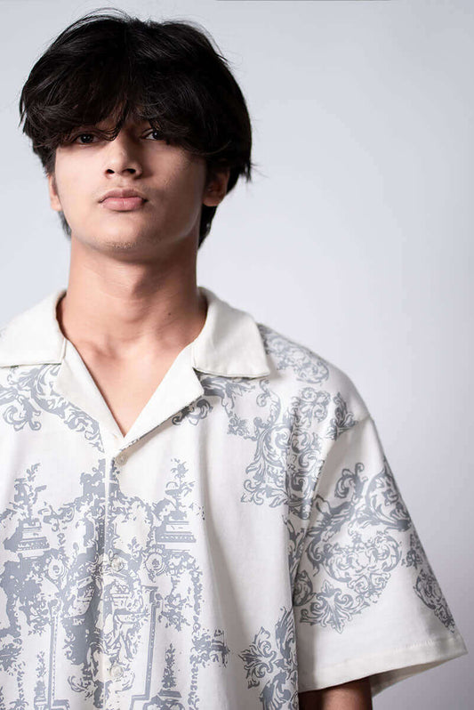 Legacy Printed Shirt front view in cotton terry with embroidered detailing