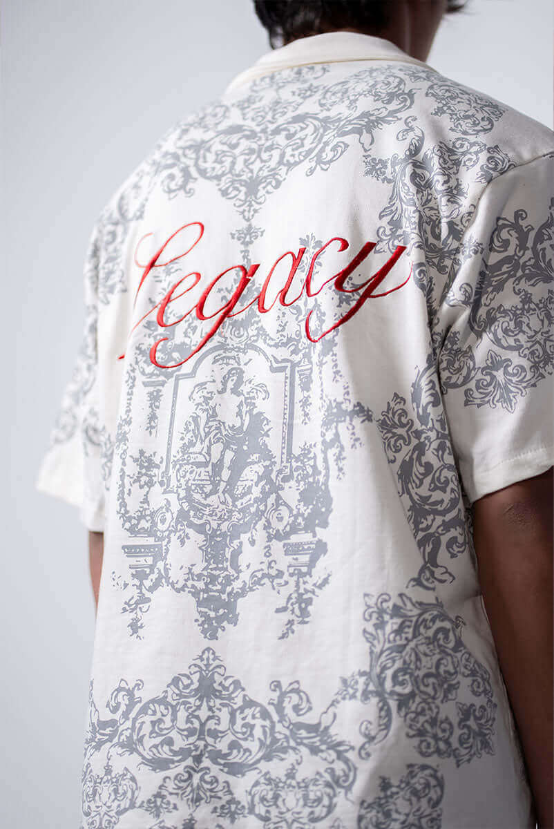 Back design of Legacy printed cotton terry shirt featuring bold red embroidery