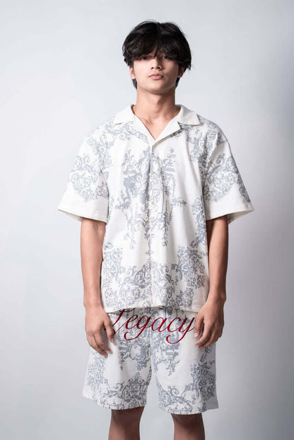 Legacy Printed Shirt front view in cotton terry with calligraphy embroidery