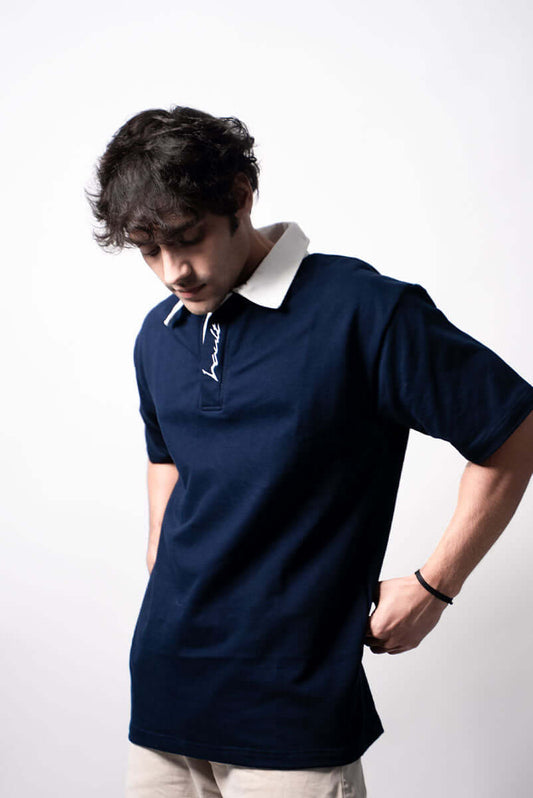 Dark navy collared t-shirt front view