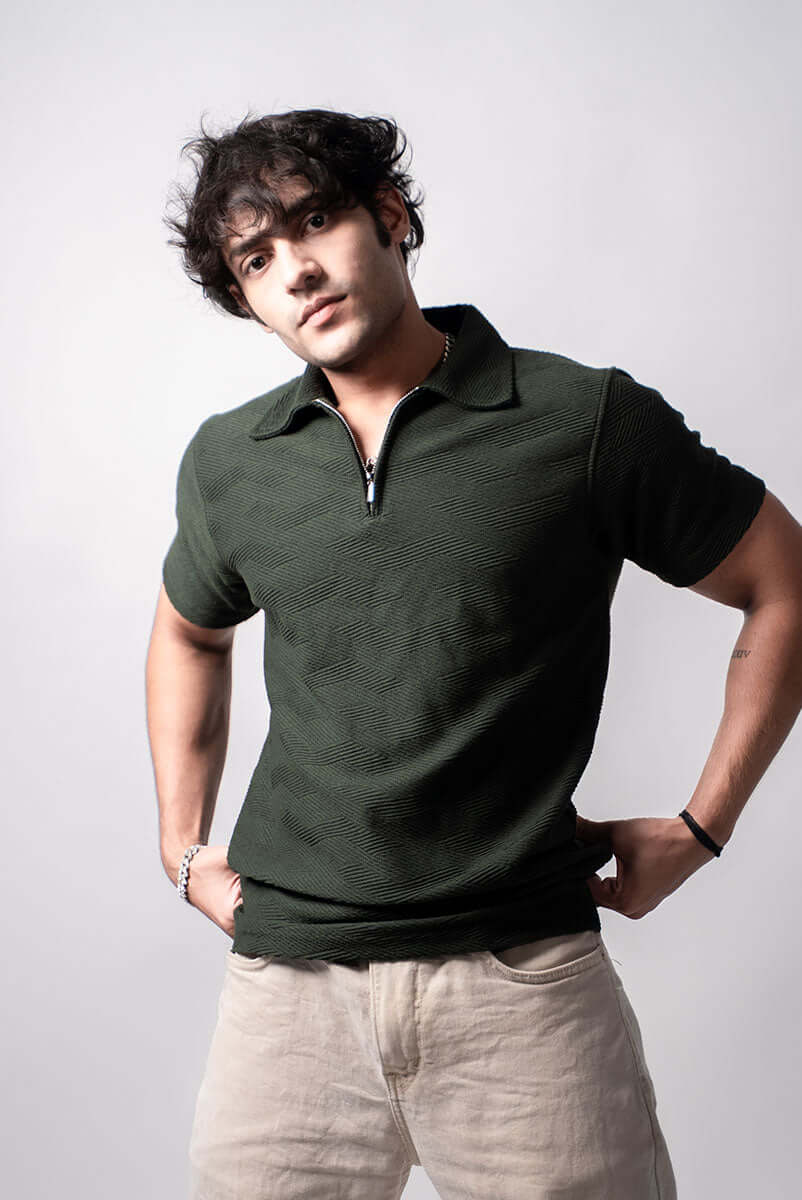 Hault olive green zipper polo shirt