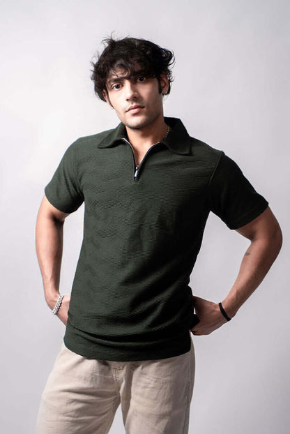 Men’s olive green premium zipper polo t-shirt