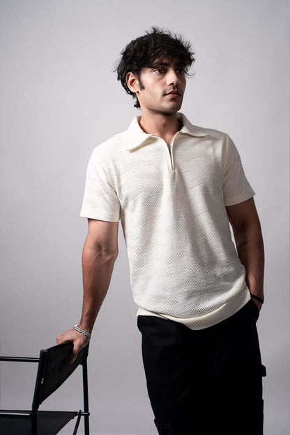 Front view of white Jacquard polo with premium zipper by Hault