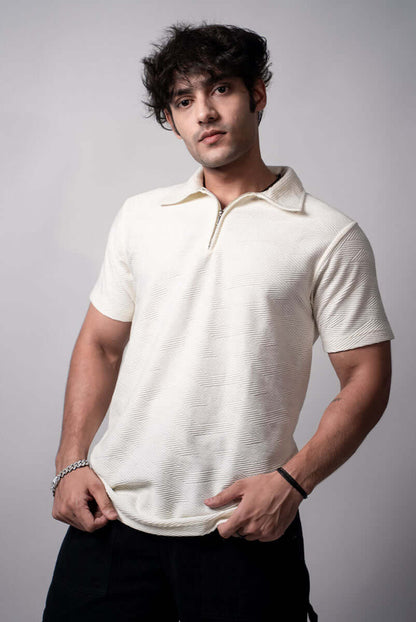 Hault Jacquard polo shirt in white with modern zipper front
