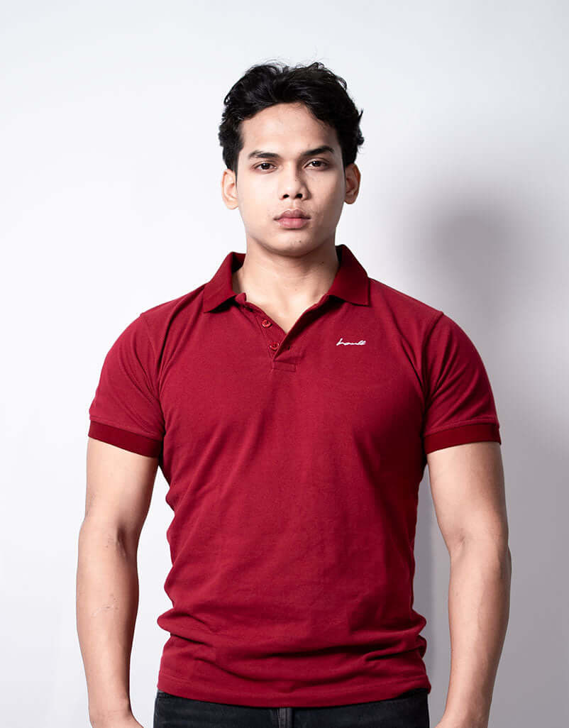 Red polo t-shirt for men by Hault with signature embroidery