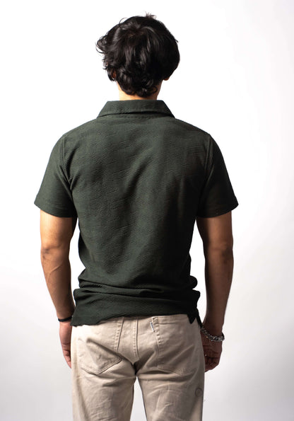 Back view of olive green Jacquard polo t-shirt by Hault