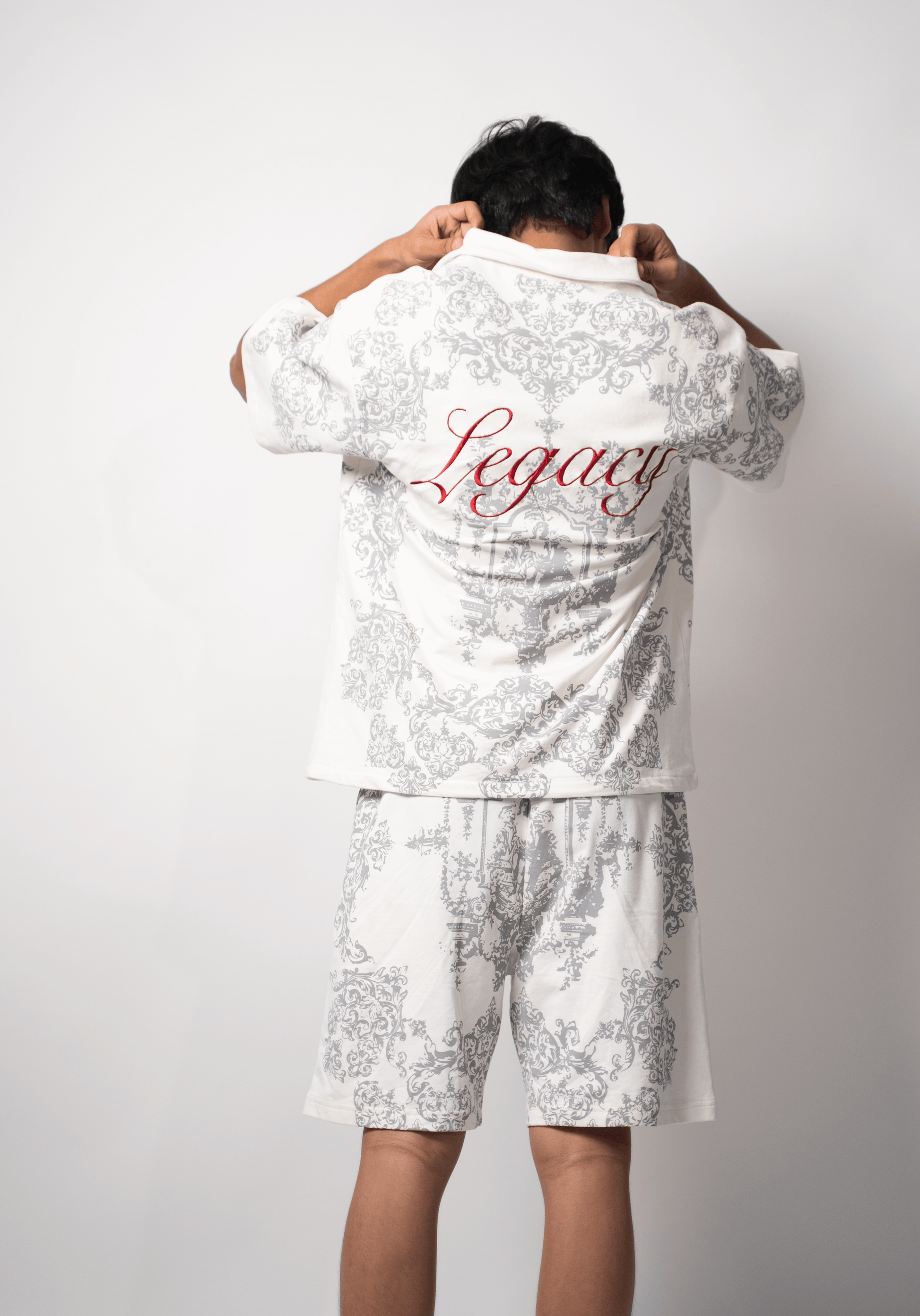 Legacy Printed Shorts back view with red calligraphy embroidery